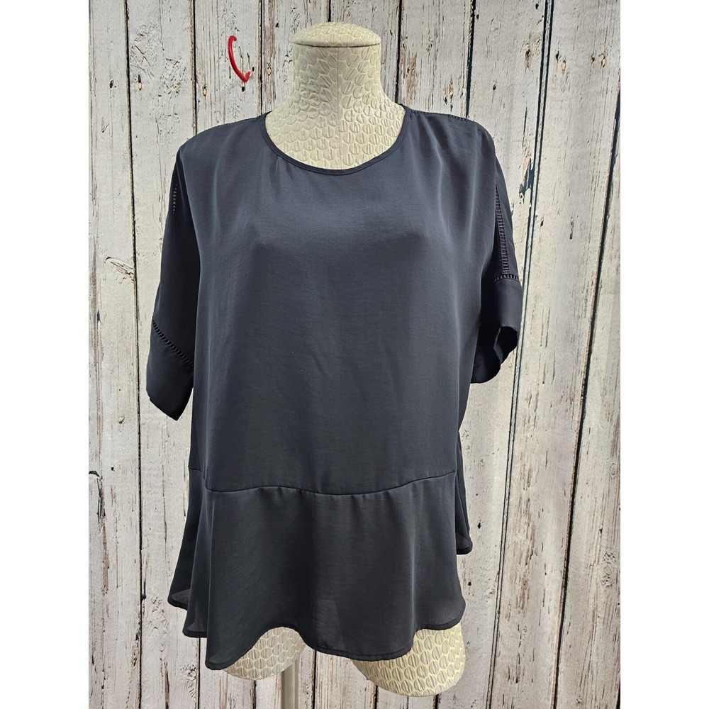 Lands' End Peplum Short Sleeve Silky Eyelet Blouse Shirt Top Tee women's 12